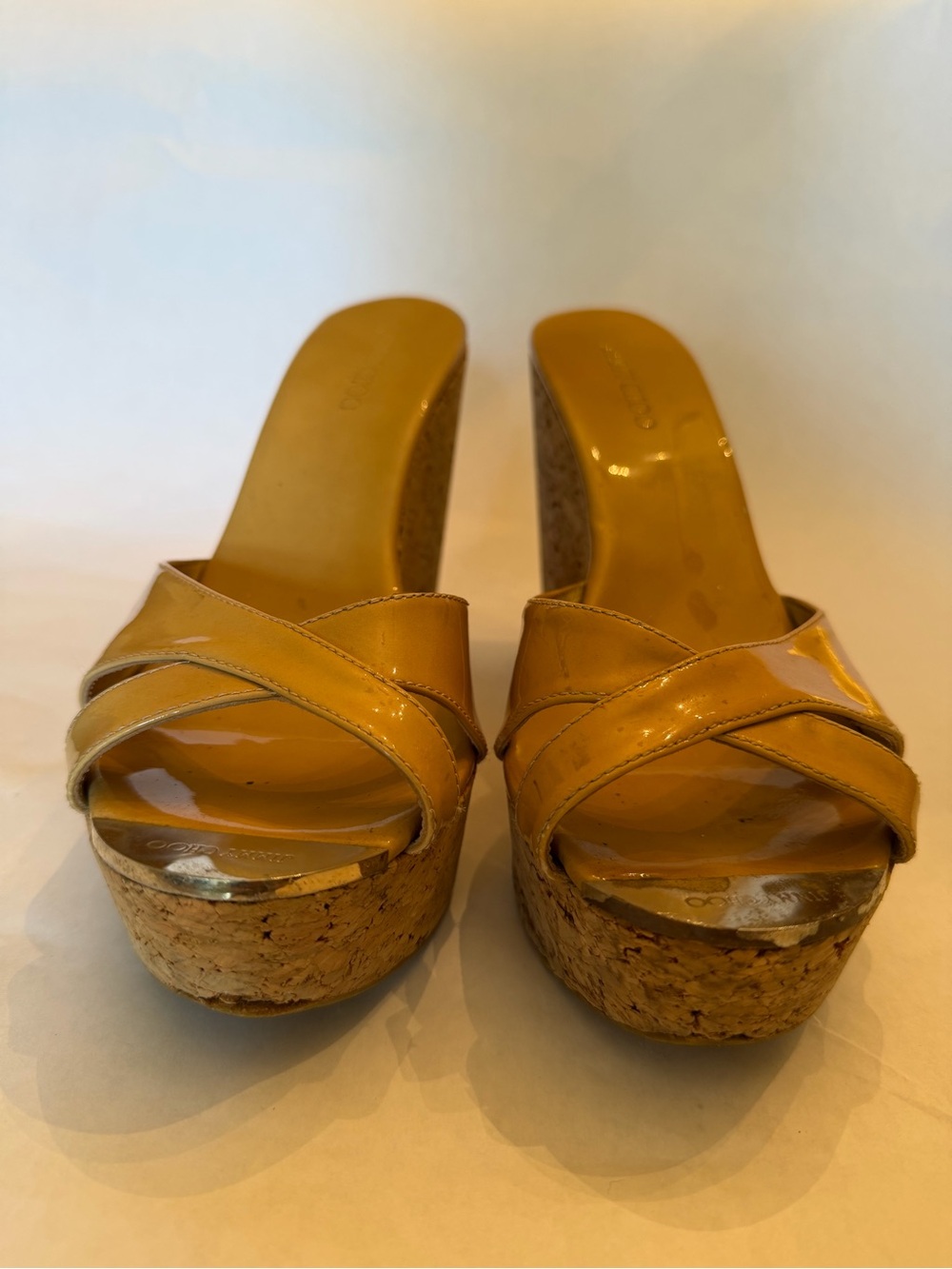 Jimmy Choo Yellow Patent Cork Platform Wedge Sandals